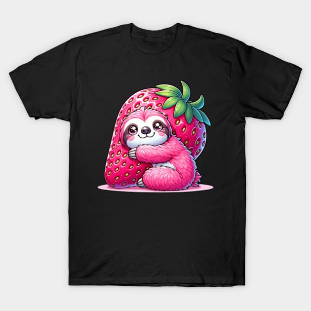 Pink Sloth Hugging a Strawberry Cute Kawaii Animal T-Shirt by Lavender Celeste